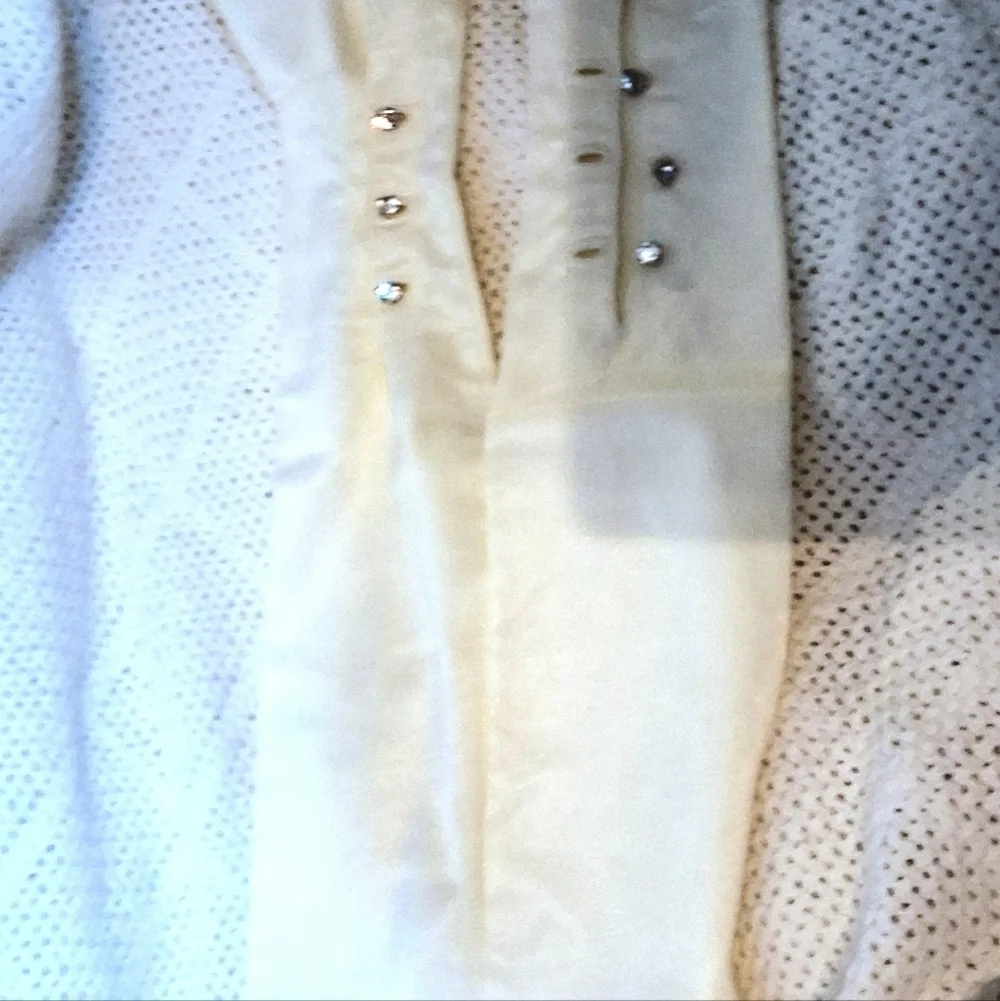 Vintage Aris White Satin Rhinestone closure elbow length gloves 7.5
